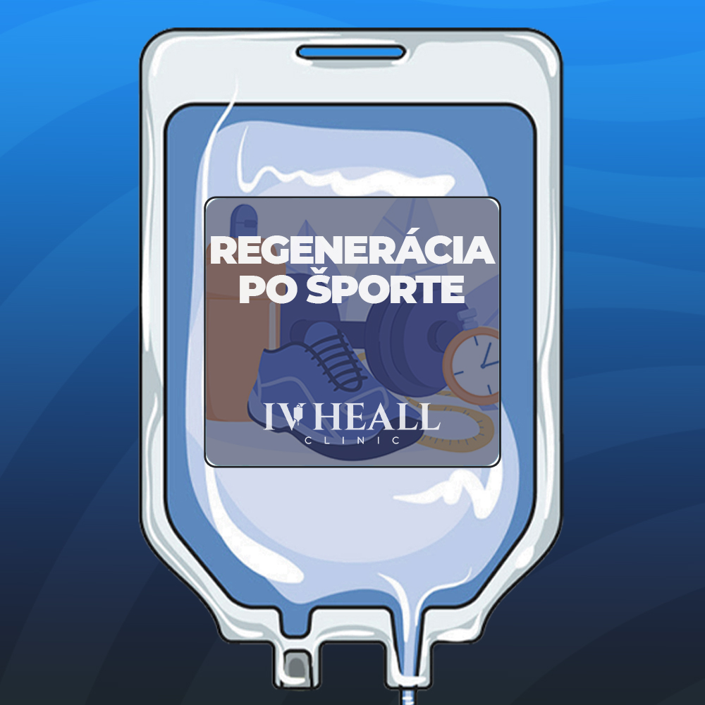 Ilustračný obrázok infúznej terapie Regenerácia po športe MAX v IV HEALL CLINIC. Intenzívna športová infúzia určená na podporu regenerácie svalov, doplnenie tekutín, minerálov a vitamínov po fyzickej záťaži. Intravenózne podanie zabezpečuje rýchly účinok, lepšiu hydratáciu a efektívnu obnovu organizmu. IV HEALL CLINIC – moderná infúzna klinika vo Zvolene.